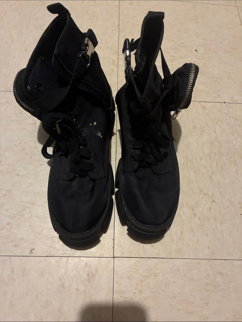 Women's Steve Madden Black Lace-Up Combat Boots with Zipper Pocket Detail